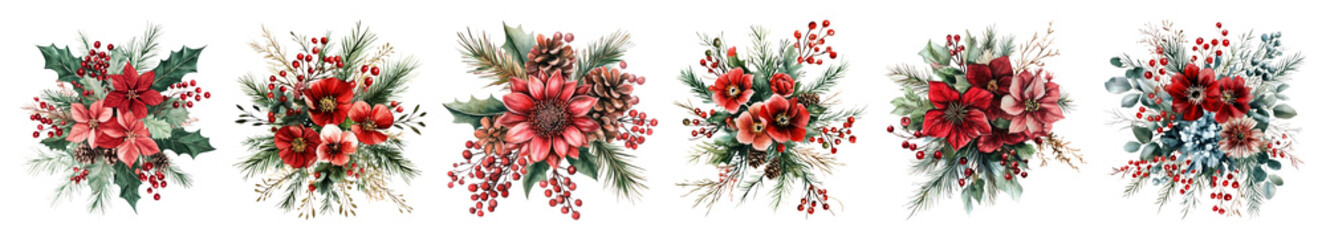 Fototapeta premium PNG Vintage floral Christmas arrangements, element set on transparent background