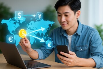 a man confidently manages international money transfers using his phone and laptop, symbolizing global finance
