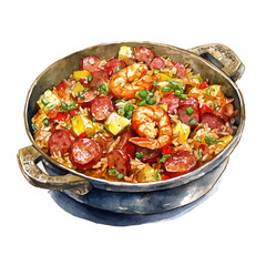 Jambalaya, watercolor painting, vector illustration, isolated on a white background.