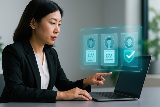 A professional woman assessing resumes on a laptop, evaluating candidates with a critical eye