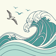 Vector art of ocean wave with seagulls flying on the sky vector illustration, sea wave line art, sea wave drawing, sea wave sketch