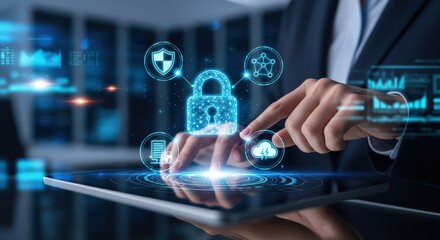 Businessman interacting with futuristic digital security interface featuring padlocks and data streams for cyber protection concepts