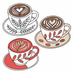 Vector art of three cups of coffee with latte art, showcasing different flavors and designs, vector illustration of a coffee shop menu