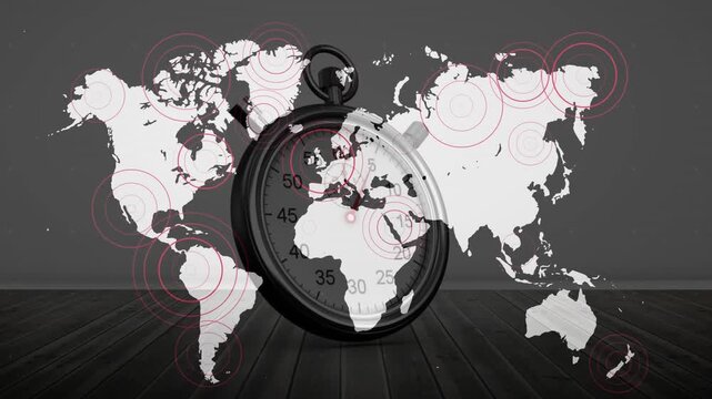 Second-frame starting ripples pulsing over world map under stationary stopwatch tracing world links