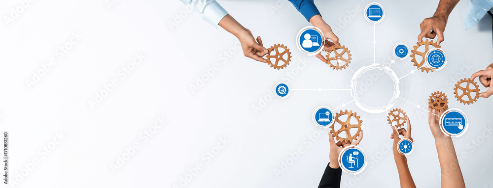 Poster this image showcases a diverse group of hands working together with gears and icons, symbolizing tea