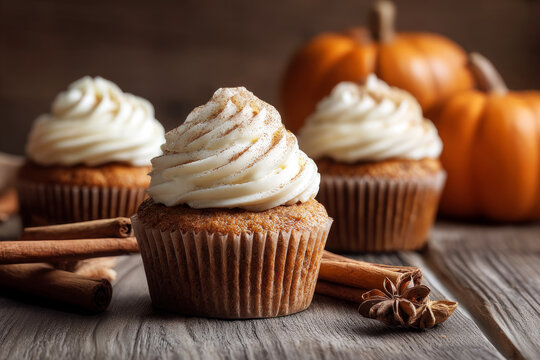 Pumpkin spice cupcakes with frosting and cinnamon