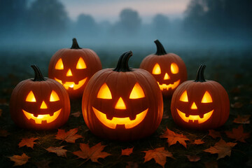 Halloween pumpkins with faces glow at night on a misty field with autumn leaves