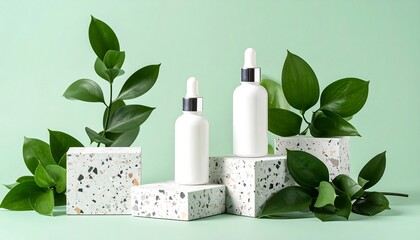 Cosmetic bottles on terrazzo displays