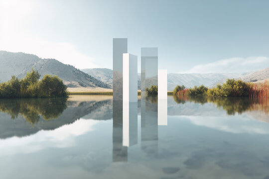 minimalist nature photography scene featuring presentation display with ar elements blurred white text bars