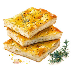 Focaccia, watercolor painting, vector illustration, isolated on a white background.