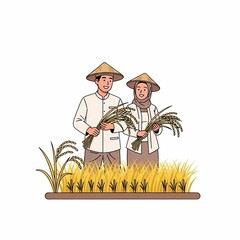Indonesian Farmer Harvest Rice National Farmers Day Vector