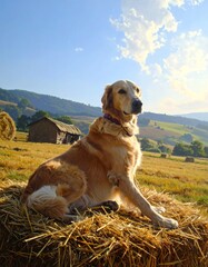 A golden retriever rests serenely on a hay bale, bathed in golden sunlight, against a backdrop of rolling hills and a clear blue sky.