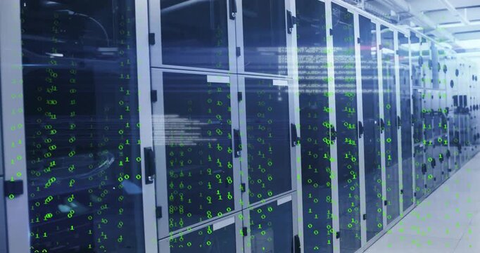 Camera panning past server racks starting green binary cascading over doors visualizing data flow