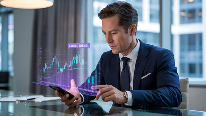 Businessman analyzing stock market data on a smartphone with a futuristic holographic chart.