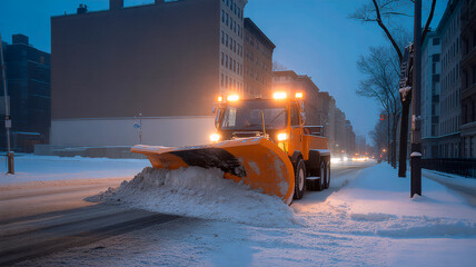 Brooklyn Dawn: Snow Plow Clears Empty Street