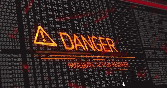 Warning triangle icon fading in and labels morphing into DANGER text zooming for urgent alert