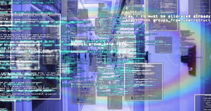 Data-center corridor between server racks launching code windows sliding from sides, streaming data