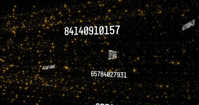 Camera initiating fly-through showing rotating numeric clusters visualizing data flow in starfield