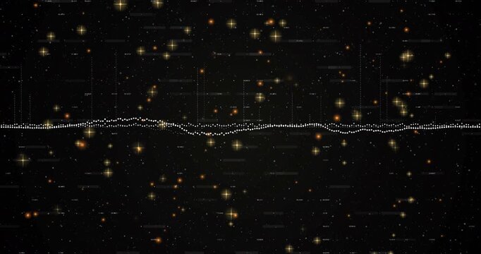 At frame four dotted waveform forming peaks as particles twinkling on grid showing audio pulse