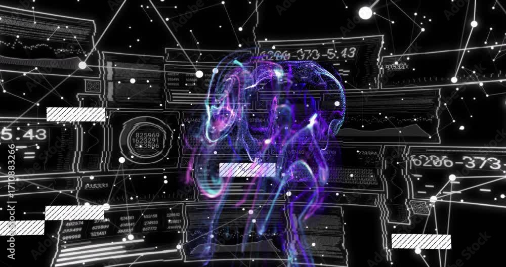 Poster glitch bars flickering in wireframe, purple-blue plasma form rising and rotating, visualizing data