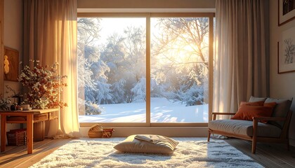Warm golden sunlight streaming into a cozy living room with a large window overlooking a serene, snow-covered forest