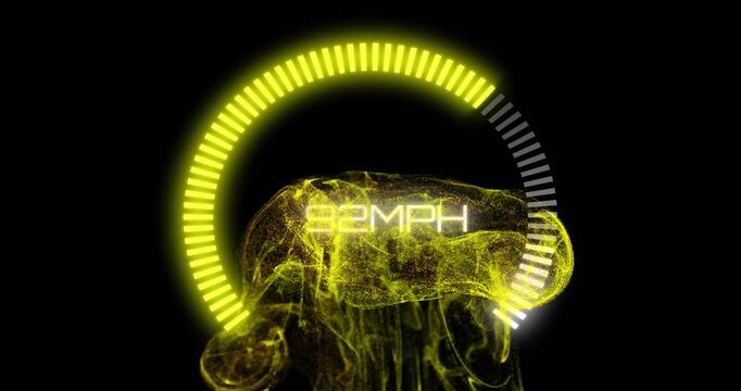 Starting gauge at 1 MPH increasing segments pulsing yellow energy visualizing speed then receding
