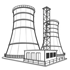Industrial cooling towers and power plant building with a transmission tower against a white background