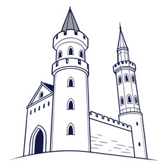 Fototapeta premium Illustrative line drawing of a majestic medieval castle with two distinct towers and fortified walls
