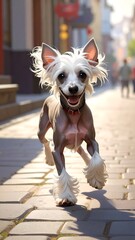 A playful chinese crested dog, full of energy, runs down a cobblestone street, its fluffy fur catching the light.