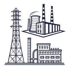 Obraz premium Industrial power generation facilities including a tall transmission tower and two distinct factory buildings with smokestacks and cooling towers