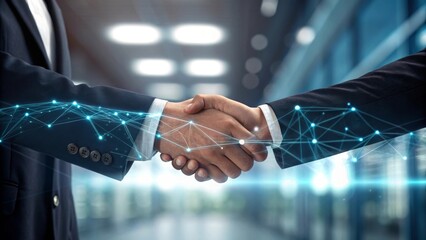 business people handshake, business handshake with glowing digital network overlay symbolizing future tech partnership and corporate innovation