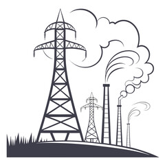 Industrial landscape with power transmission towers and smoking factory chimneys emitting pollution into the sky