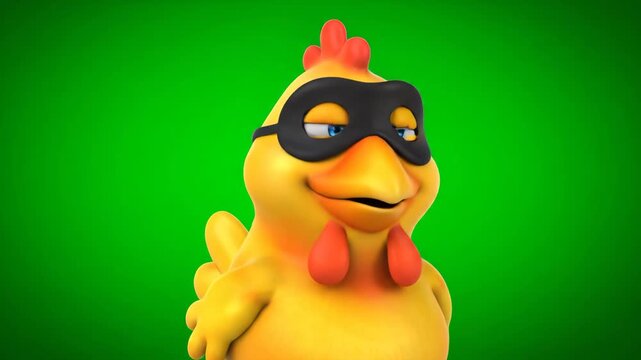 Cartoon Chicken Thief on Green Screen - A cheerful cartoon chicken wearing a black burglar mask is shown against a green screen background.