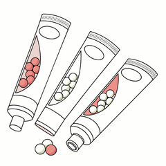 Three stylized tubes of cosmetic cream or medicine with small spheres inside and a few scattered outside