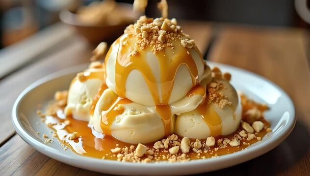 Traditional arequipe dulce drizzled over vanilla ice cream with crushed nuts sprinkled 