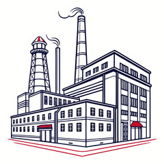 Obraz premium Industrial factory building with smokestacks emitting smoke and a water tower against a white background
