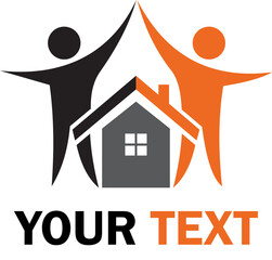 Teamwork and real estate concept, two people raise their hands over the house