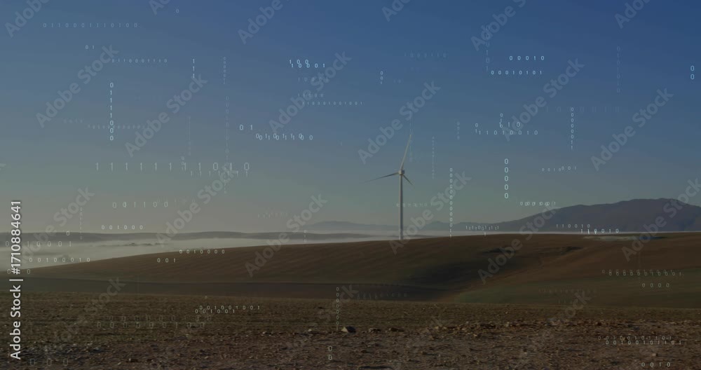 Poster camera starting panning revealing two turbines, drifting code and fading mist visualizing wind data