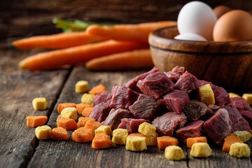 An appetizing meal of chili con carne with fresh herbs and spices on a wooden board