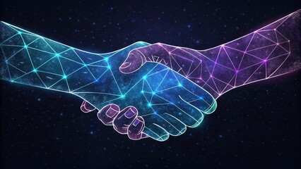 digital handshake with blue and pink glowing lines in a space-themed background, representing a futuristic ai collaboration between two advanced networks
