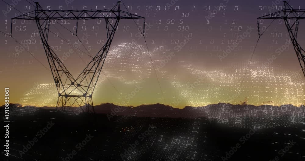 Poster Sunset launching binary digits emerging over tower, animating grid wave for data visualization