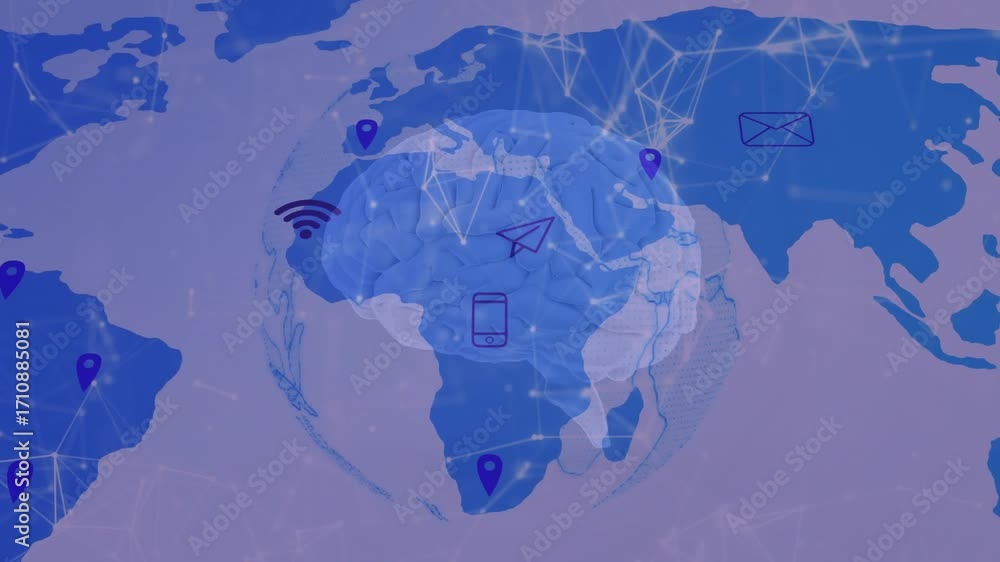 Aufkleber starting with brain fading 3d globe rotating and network lines connecting icons showing data flow