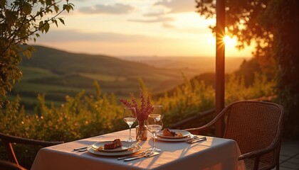 Fototapeta premium Served table awaits diners with romantic sunset landscape view. Gourmet food plated elegantly. Restaurant offers dining experience. Vacation travel promotes eco tourism destination for unforgettable