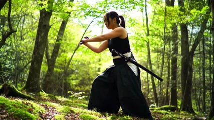 Woman practicing swordsmanship in a forest