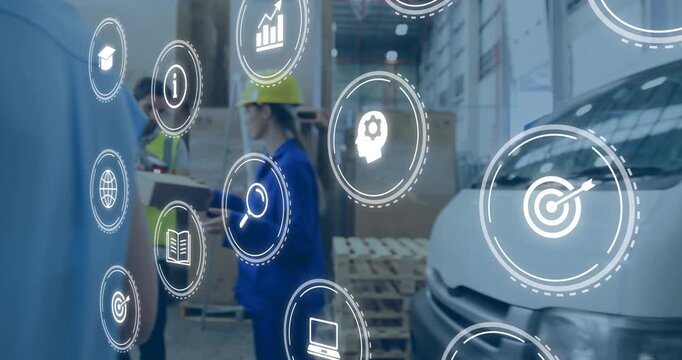 Coordinator writing summoning digital icons by van, handler scanning cartons in warehouse for stock