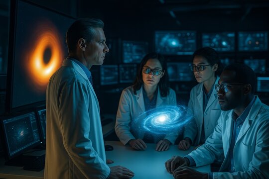 m87 research work of Diverse team of astrophysicists studying supermassive black hole holographic galaxy with Messier 87 black hole visualization, futuristic astronomy research lab
