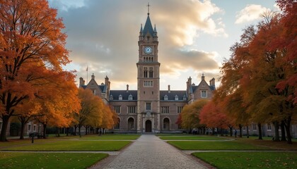 Brick building with a clock tower on campus at autumn. Colorful trees flank a pathway leading to a historic university. Beautiful fall season scene in the daylight.