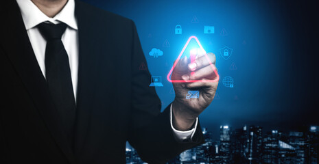 Cybersecurity threat alert protects data. Cyber security threat alert prevents access, alert warns...