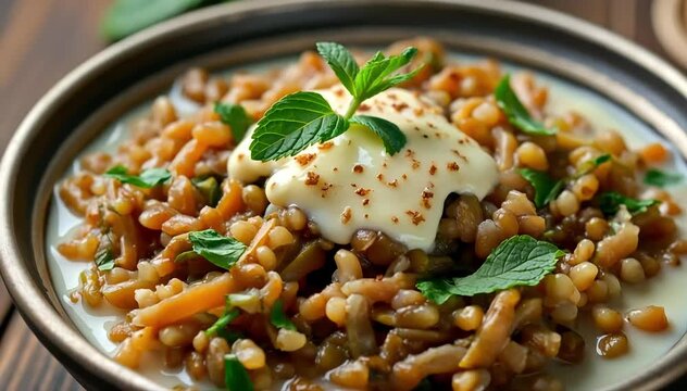 Traditional ash reshteh served in rustic bowl with kashk whey and dried mint sprinkled on top 