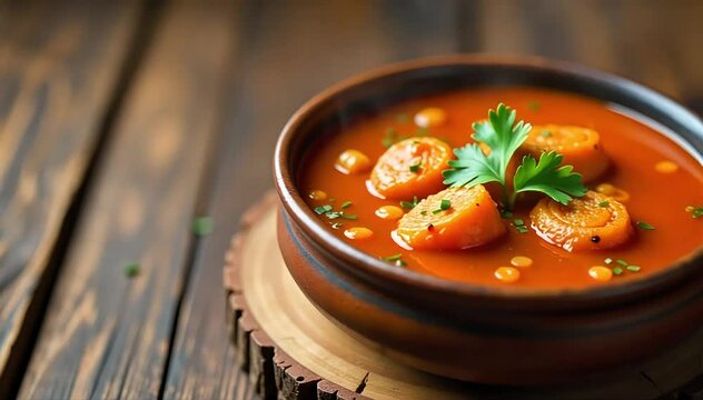 Traditional asam pedas served hot in ceramic bowl with steamed rice on rustic board 